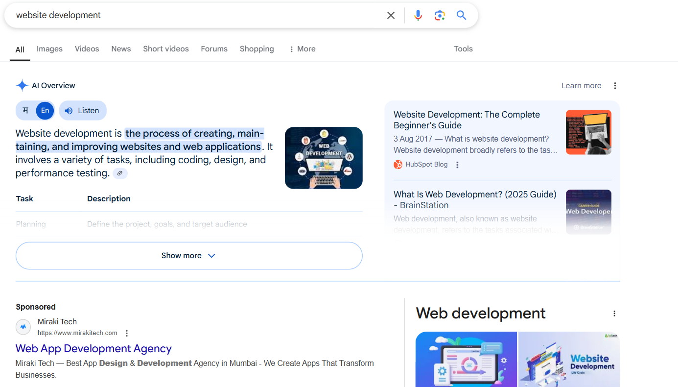 Layout of a search engine results page